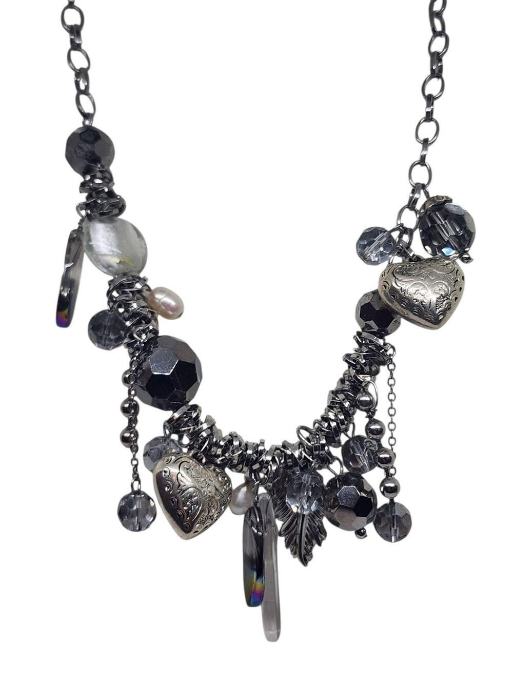 Vintage Charm Necklace Puffy Heart Crystal Faux Pearl Charm Hematite Statement